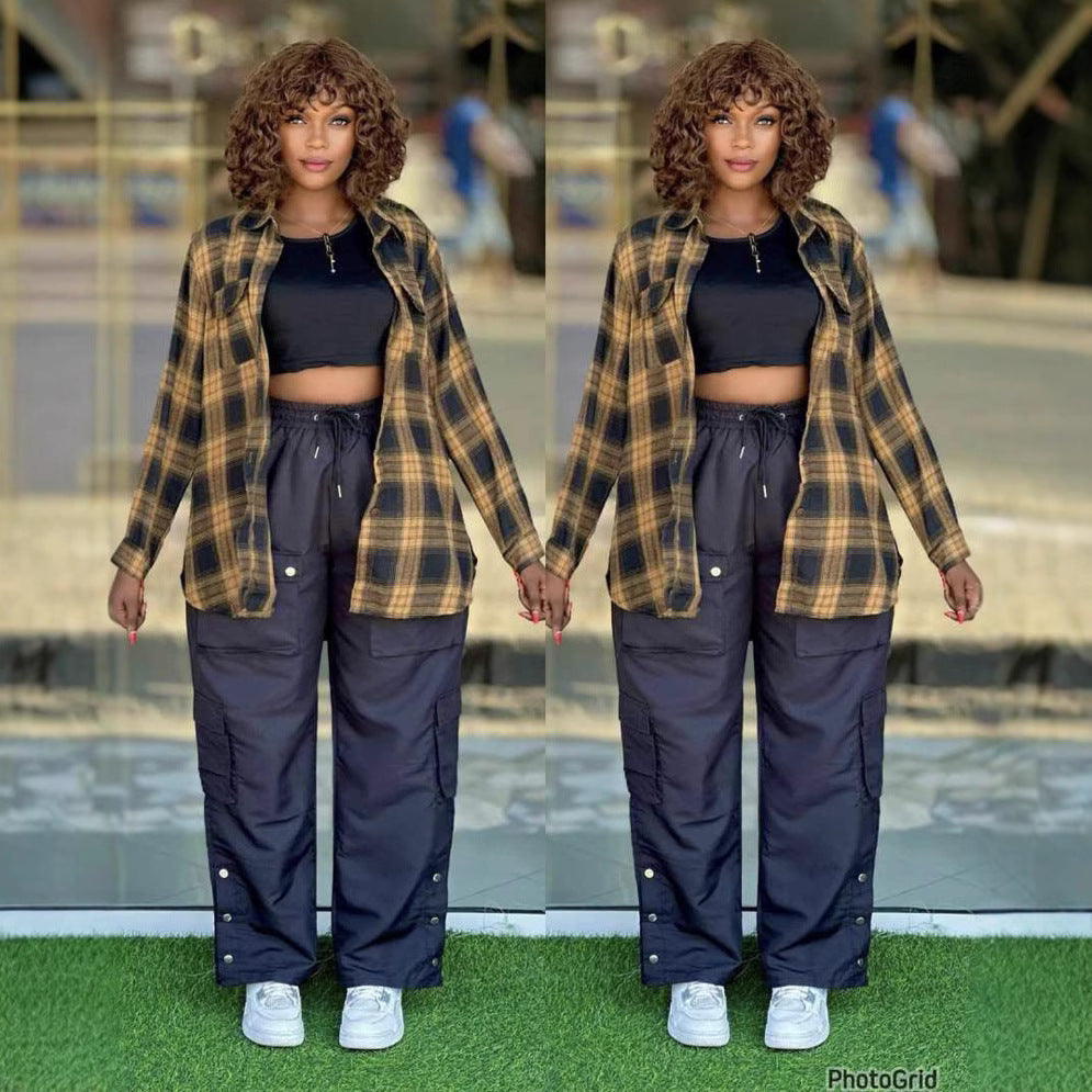 Women's Fashion Casual Simple Plaid Shirt Multi-pocket Cargo Pants Plus Size Three-piece Suit